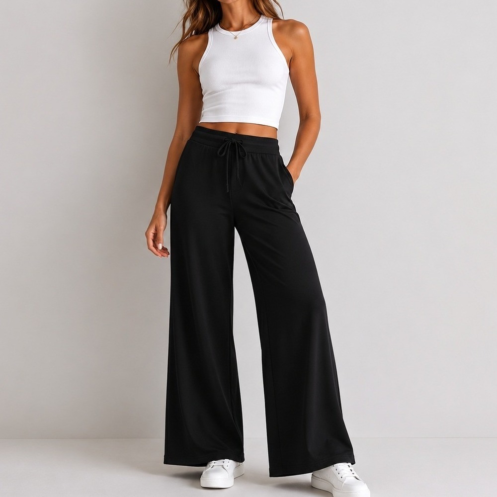 Quince SuperSoft Fleece Wide Leg Pant Lounge Comfort Casual Travel Black L NWOT